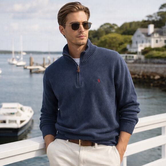 Polo Ralph Lauren Other - Polo Ralph Lauren Cotton Quarter Zip Sweater XXL Blue Pony Mock Neck Old Money